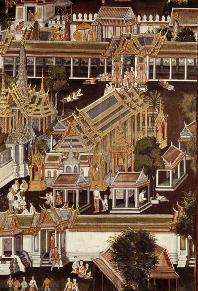 Detail of a mural depicting the Temple of the Emerald Buddha by Thai School